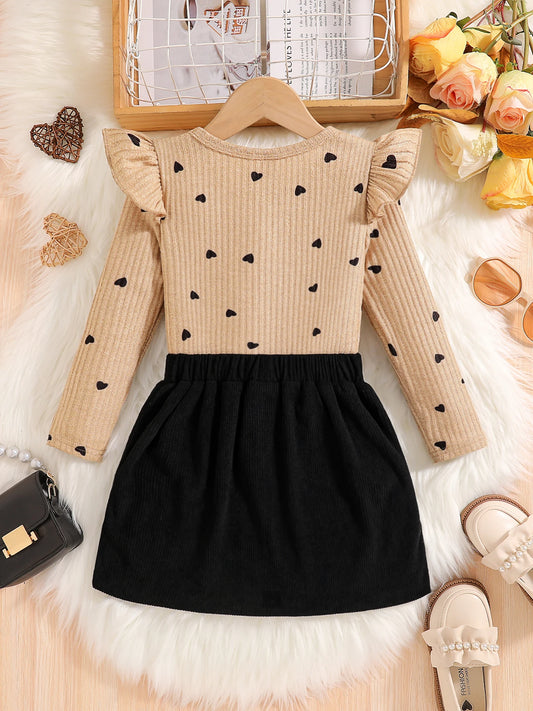 2-Piece Set for Girls in Spring and Autumn: Fashionable and Elegant Skirt Set for Young Girls, Featuring a Round-Neck Ribbed Lace-Trimmed Flutter-Sleeve Top with Heart and Polka Dot Print Long Sleeves + Black Skirt Set with B