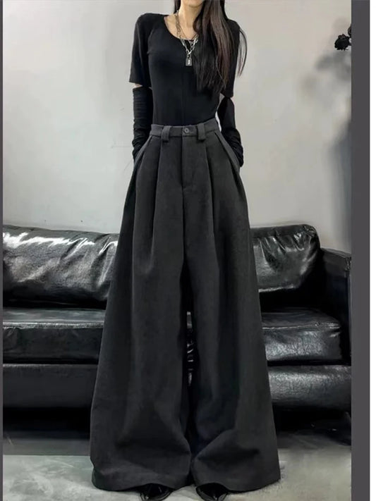 Spring 2025 New Black Suits Pants for Women Office Lady Elegant Korean High Waist Wide Leg Fashion Trousers with Pockets