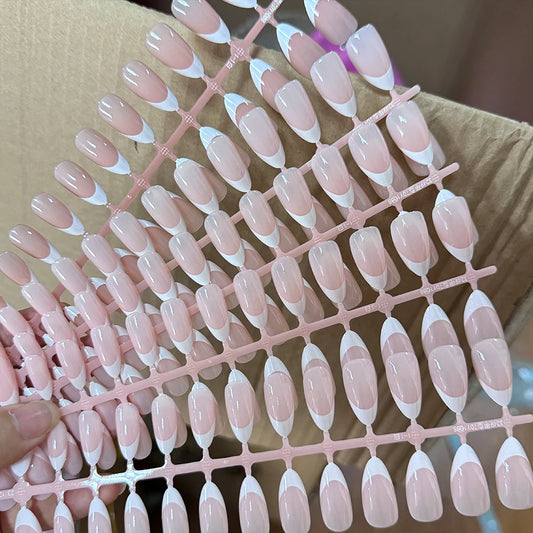 150Pcs Lignt Pink Almond Fake Nails White French Glossy/Frosted Press on Nails 30*5 Strips Pre-made Simple Full Cover False Nail