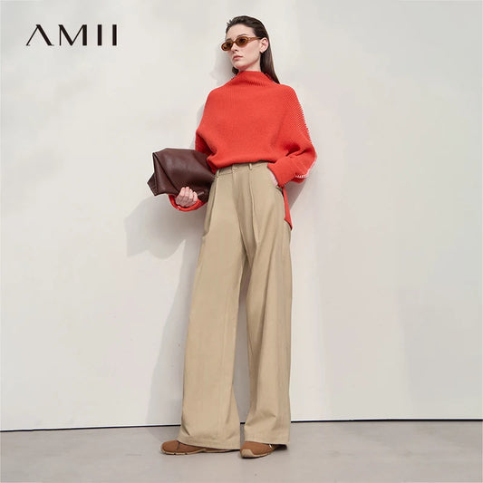 AMII Casual Women Pants 2025 Autumn Elegant Cotton Simple Loose High Waist Pleated Wide Leg Pants Office Lady Clothing 12553020