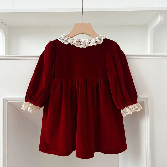 1-6Yrs Christmas Party Dress Kid Baby Girls Lace Collar Red New Year Princess Dress Kids Baby Girls Dress Children Clothes Dress