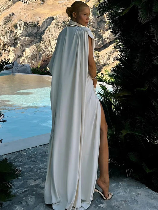 Weird Puss Turtleneck Cloak 2 Piece Set Women Elegant Ruched Irregular Hem One Sleeve Top+Slit Long Skirts Fashion Party Suit