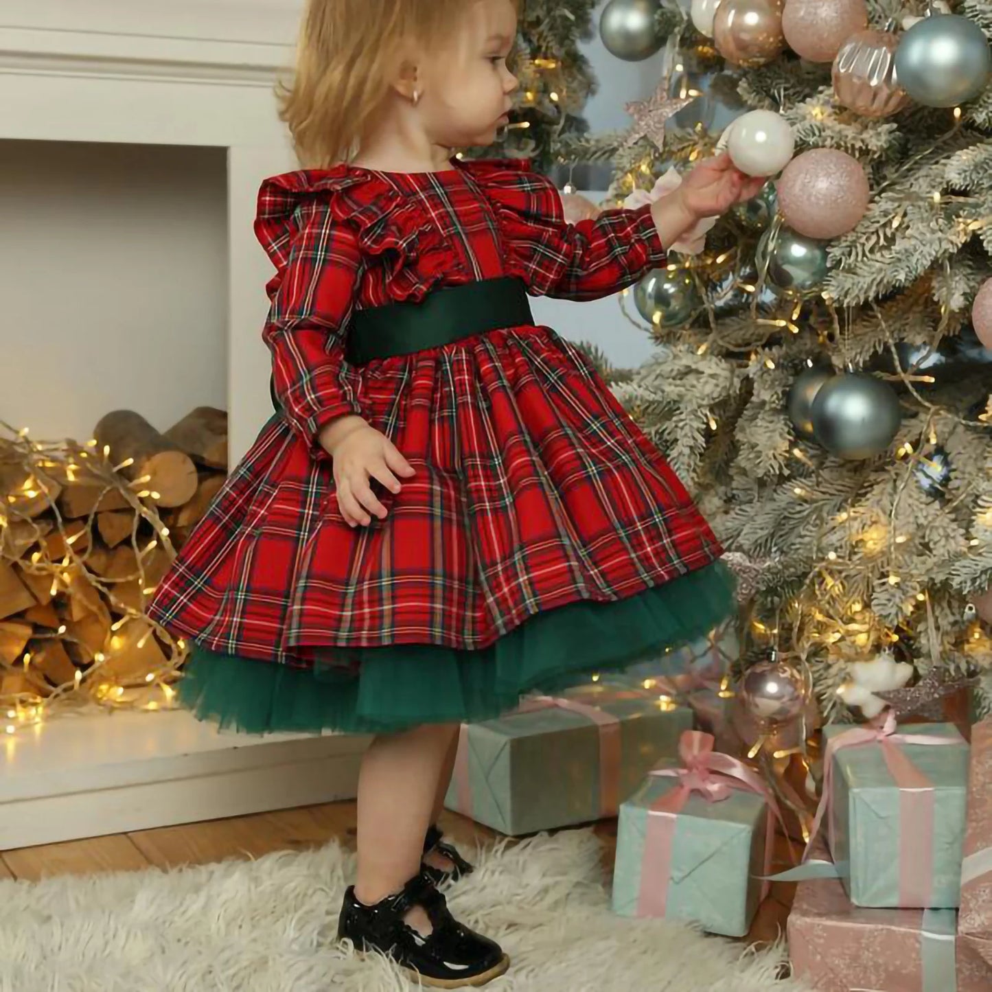 FOCUSNORM 0-6Y Princess Baby Girls Christmas Party Dress Plaid Printed Ruffles Long Sleeve Big Bowknot Lace Tutu Dress