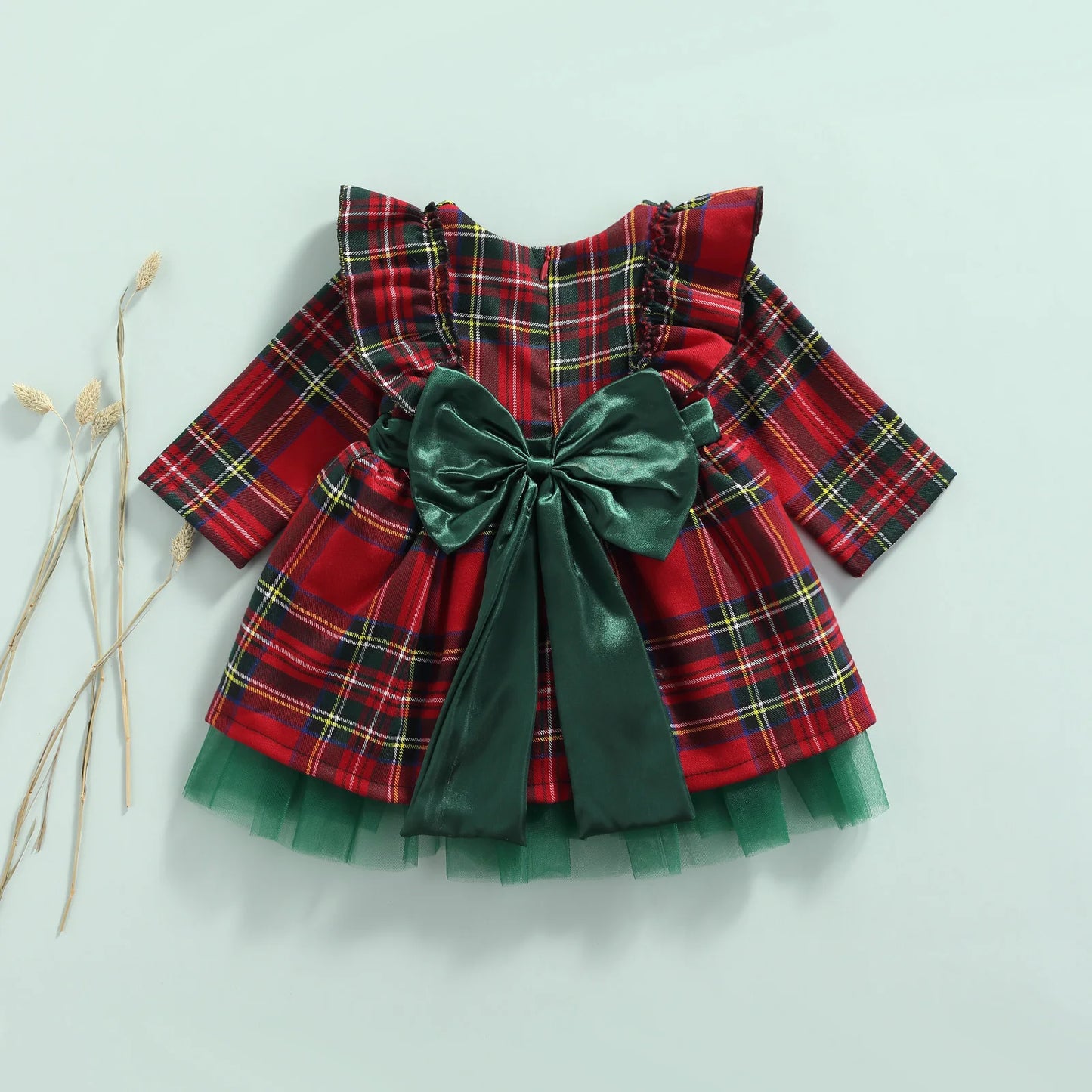 FOCUSNORM 0-6Y Princess Baby Girls Christmas Party Dress Plaid Printed Ruffles Long Sleeve Big Bowknot Lace Tutu Dress
