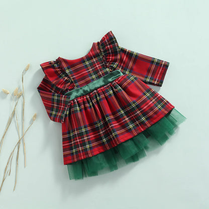 FOCUSNORM 0-6Y Princess Baby Girls Christmas Party Dress Plaid Printed Ruffles Long Sleeve Big Bowknot Lace Tutu Dress