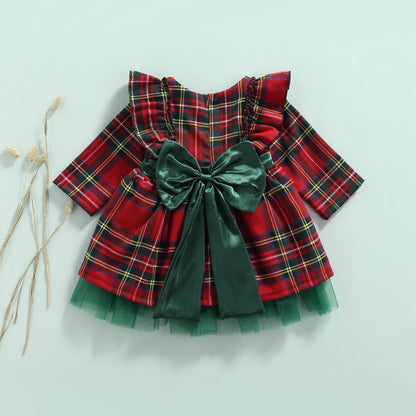 FOCUSNORM 0-6Y Princess Baby Girls Christmas Party Dress Plaid Printed Ruffles Long Sleeve Big Bowknot Lace Tutu Dress