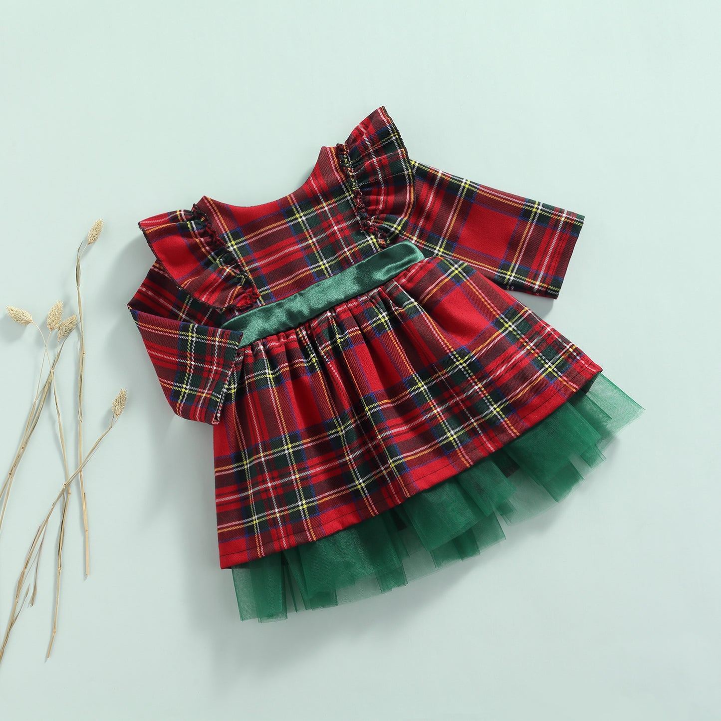 FOCUSNORM 0-6Y Princess Baby Girls Christmas Party Dress Plaid Printed Ruffles Long Sleeve Big Bowknot Lace Tutu Dress
