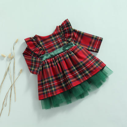 FOCUSNORM 0-6Y Princess Baby Girls Christmas Party Dress Plaid Printed Ruffles Long Sleeve Big Bowknot Lace Tutu Dress
