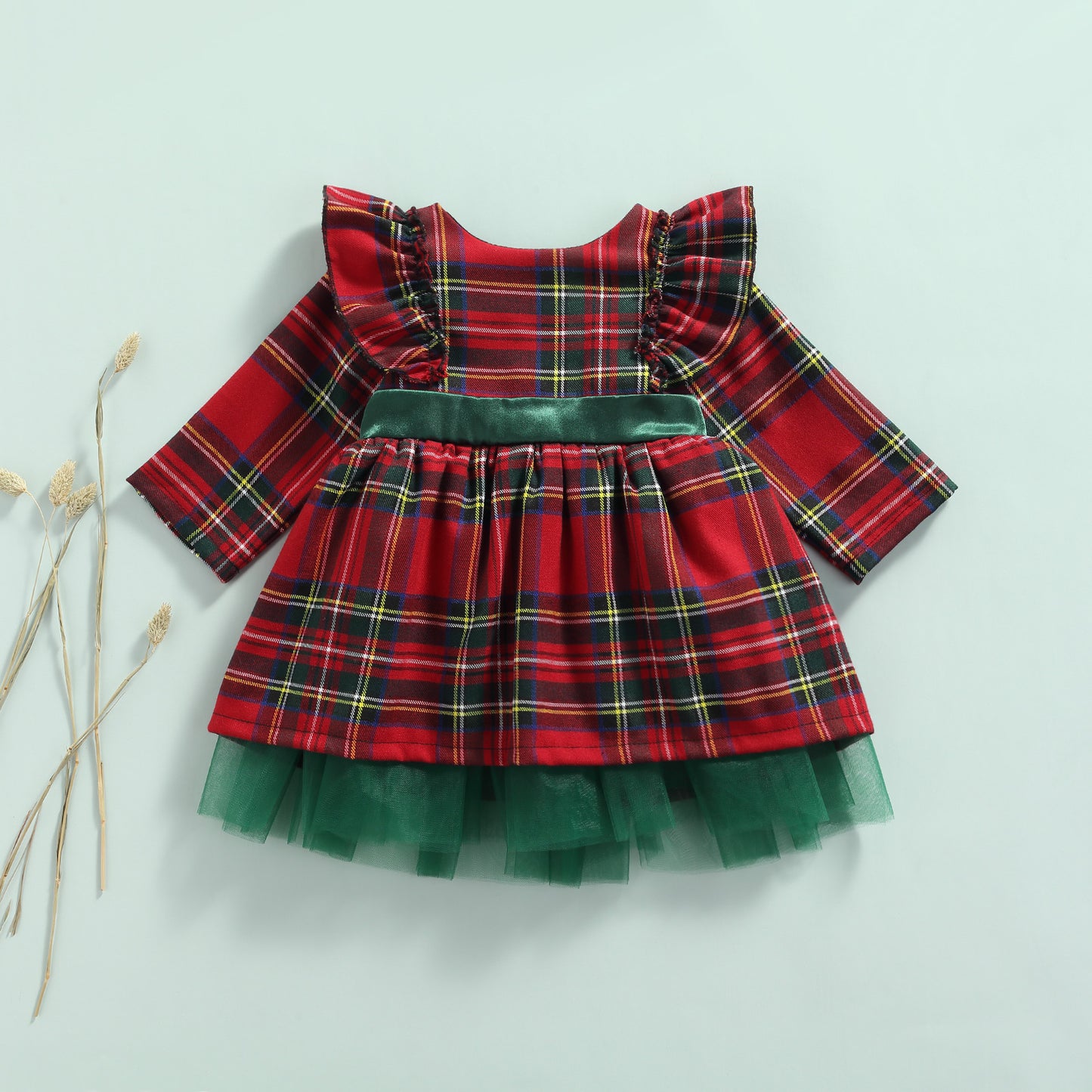 FOCUSNORM 0-6Y Princess Baby Girls Christmas Party Dress Plaid Printed Ruffles Long Sleeve Big Bowknot Lace Tutu Dress