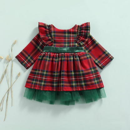 FOCUSNORM 0-6Y Princess Baby Girls Christmas Party Dress Plaid Printed Ruffles Long Sleeve Big Bowknot Lace Tutu Dress