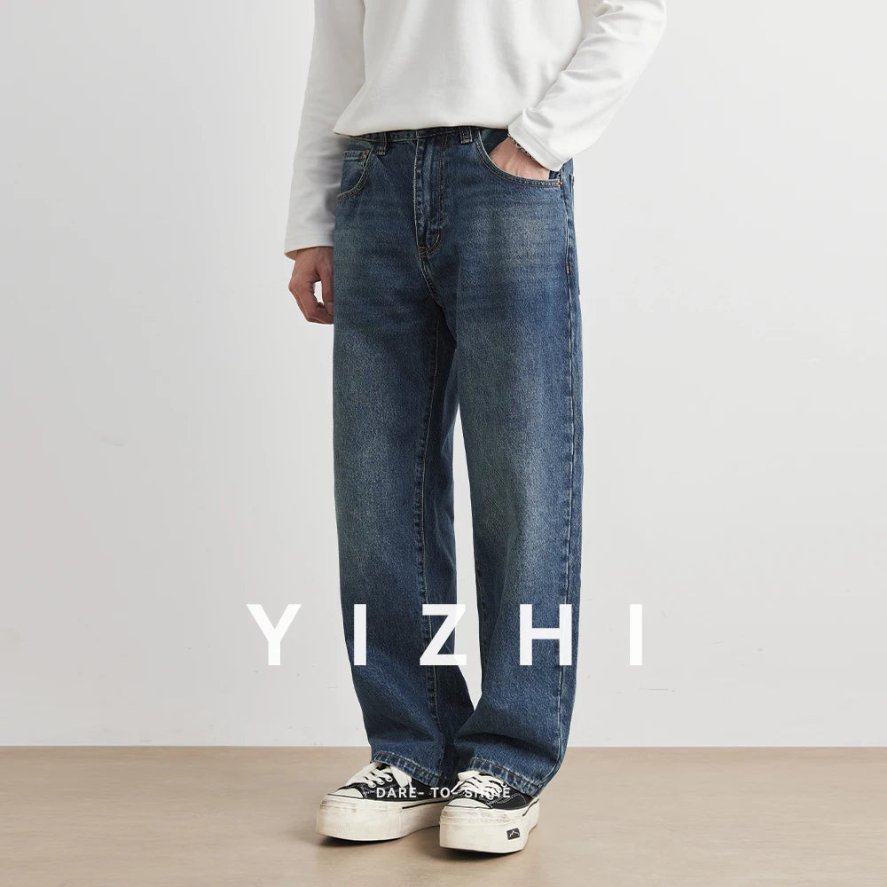 Blue Washed American Style Men's Jeans Straight Leg Loose Wide Leg Pants Retro Trendy Brand Casual Wear All Seasons Size Plus