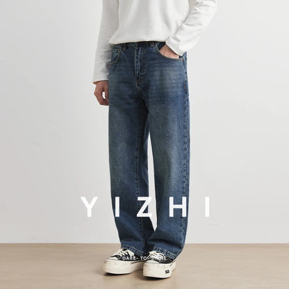 Blue Washed American Style Men's Jeans Straight Leg Loose Wide Leg Pants Retro Trendy Brand Casual Wear All Seasons Size Plus