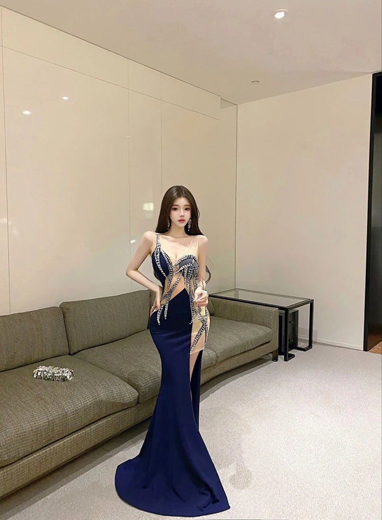 European and American style women exposed legs high fork slimming dress long skirt High end temperament socialite dress