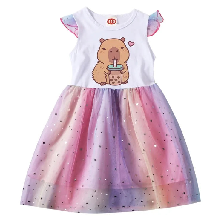 Capybara Clothes Kids Summer Short Sleeve Casual Dresses Baby Girls Lovely Capivara Dress Girl Birthday Gift Princess Vestidos