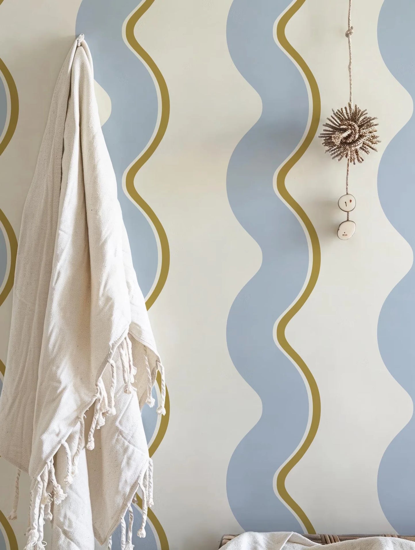 Retro Wavy Lines Regular Wallpaper in Blue, Brown and Beige, Bold Stripes Wall Cover, Funky Temporary Accent Traditional Paper