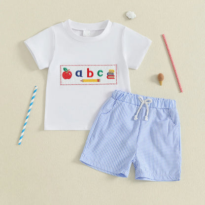 Citgeett Summer Kids Boys Shorts Set Short Sleeve Embroidery T-shirt Plaid Blue Shorts Outfit Clothes
