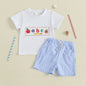 Citgeett Summer Kids Boys Shorts Set Short Sleeve Embroidery T-shirt Plaid Blue Shorts Outfit Clothes