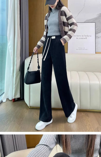 Thickened Corduroy Wide Leg Pants Women's Spring Autumn Fleece Lined Straight Narrow Version Winter Comfortable Trousers