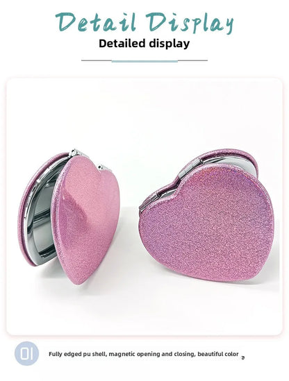 1PC Heart Shape Loose Powder Double Sided Makeup Mirror Portable For Girlfriend Mum Wife Teacher Sister Auntie Birthday Wedding