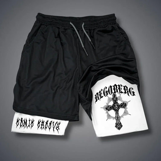 Men 2 in 1 Sports Shorts Gothic Pattern Short Pants Fitness Running Pant Sportswear Casual Shorts Summer Drawstring Jogging Pant