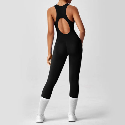 Women's Fashionable Solid Color Round Neck Tight Back Yoga Suit Yoga Jumpsuit Sports Overalls Gym Clothing Set Sexy Yoga Clothes