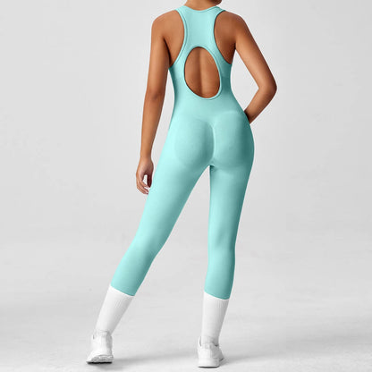 Women's Fashionable Solid Color Round Neck Tight Back Yoga Suit Yoga Jumpsuit Sports Overalls Gym Clothing Set Sexy Yoga Clothes