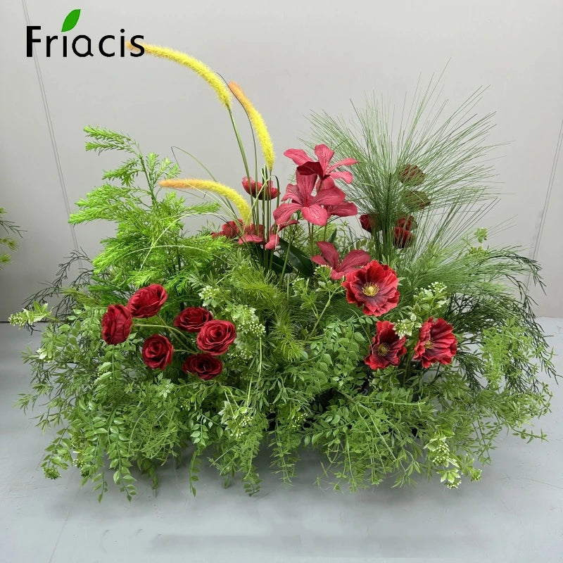 Green Plants Leaf Rose Flower Row Wedding Silk Table Floral Commercial Plaza Partition Hotel Scene Layout Floor Flowers Decor