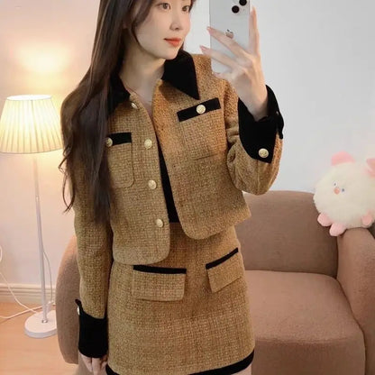 2025 Luxe Tweed Set Women Fall Winter Tailored Jacket  Pencil Skirt Lace Trim