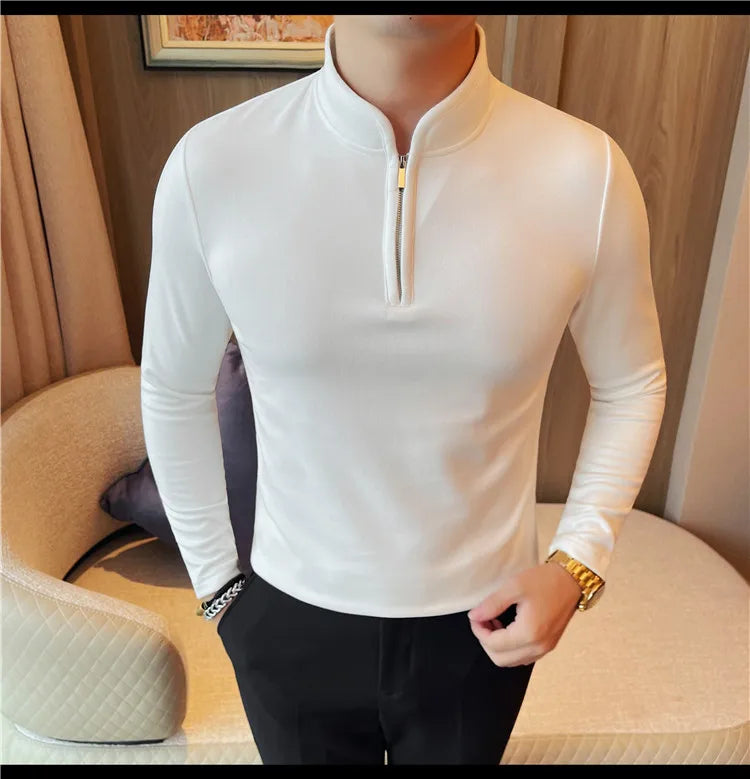 Men's Half Zipper Long Sleeved T-shirt Autumn Winter New Pure Color Thicken Slim Fit Elastic Fashionable Versatile T-Shirt