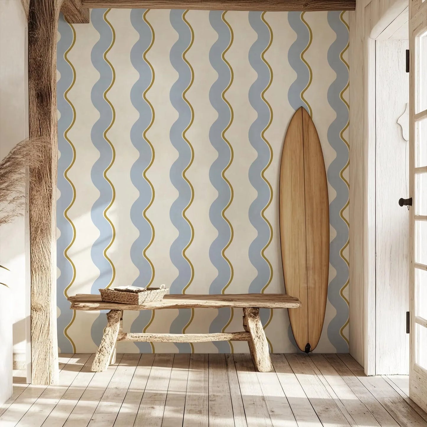 Retro Wavy Lines Regular Wallpaper in Blue, Brown and Beige, Bold Stripes Wall Cover, Funky Temporary Accent Traditional Paper