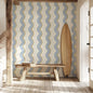 Retro Wavy Lines Regular Wallpaper in Blue, Brown and Beige, Bold Stripes Wall Cover, Funky Temporary Accent Traditional Paper