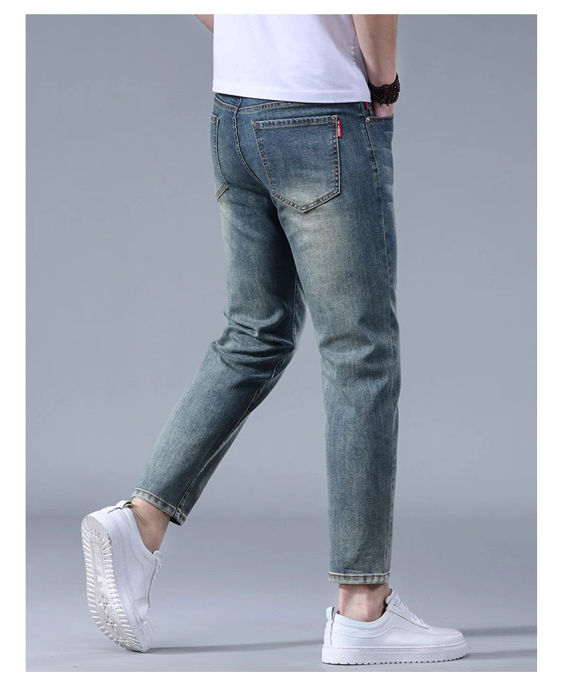 Classic five bag denim Ankle length Slim Fit Small Legs Skinny Men Stretch Jeans Vintage Men's Cropped  9 Points Retro Pants new