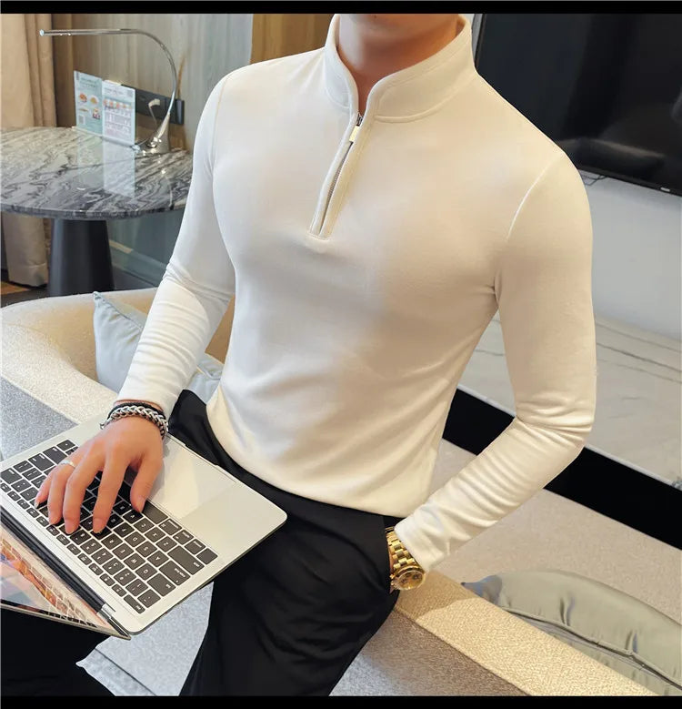 Men's Half Zipper Long Sleeved T-shirt Autumn Winter New Pure Color Thicken Slim Fit Elastic Fashionable Versatile T-Shirt
