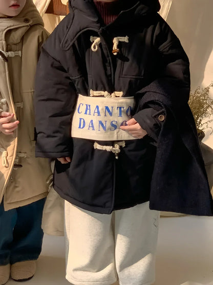 Winter Korean Children Boy Parkas Cotton Padded Thicken Hooded Toddler Boy Snowwear Coat Casual Solid Horn Button Kid Boy Jacket