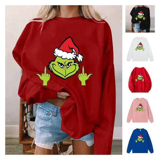Creative Green Alien Christmas Hot Sale Of The Season Sweatshirt Long Sleeve Shoulder Drop Autumn Winter Women's Fashion Thicken
