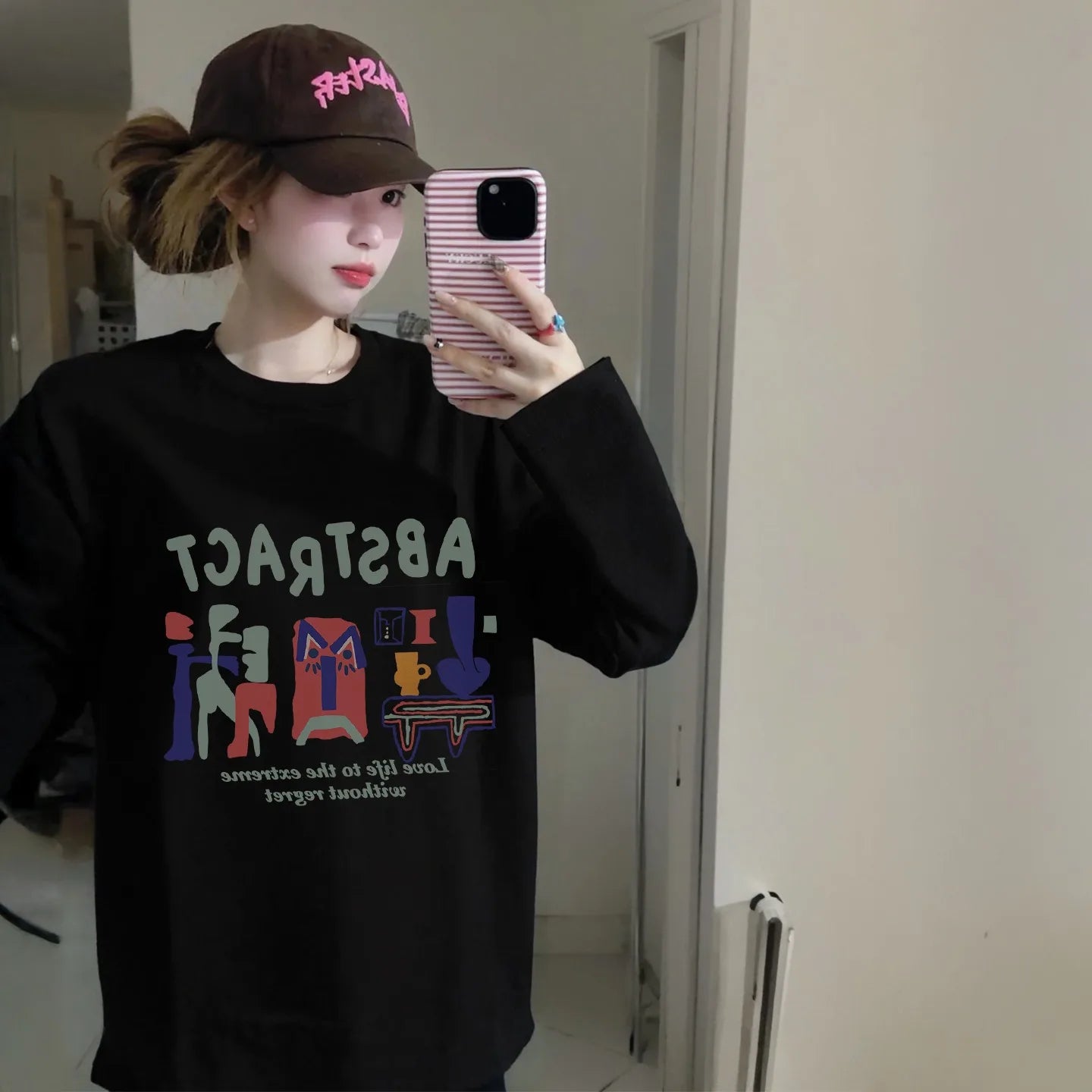 American Abstract Print T-shirt Women Autumn 2025 New 100% Cotton White Long sleeve T-shirt Loose Casual Y2k Top Female clothing