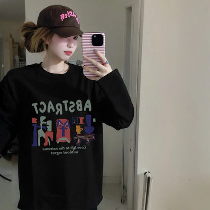 American Abstract Print T-shirt Women Autumn 2025 New 100% Cotton White Long sleeve T-shirt Loose Casual Y2k Top Female clothing