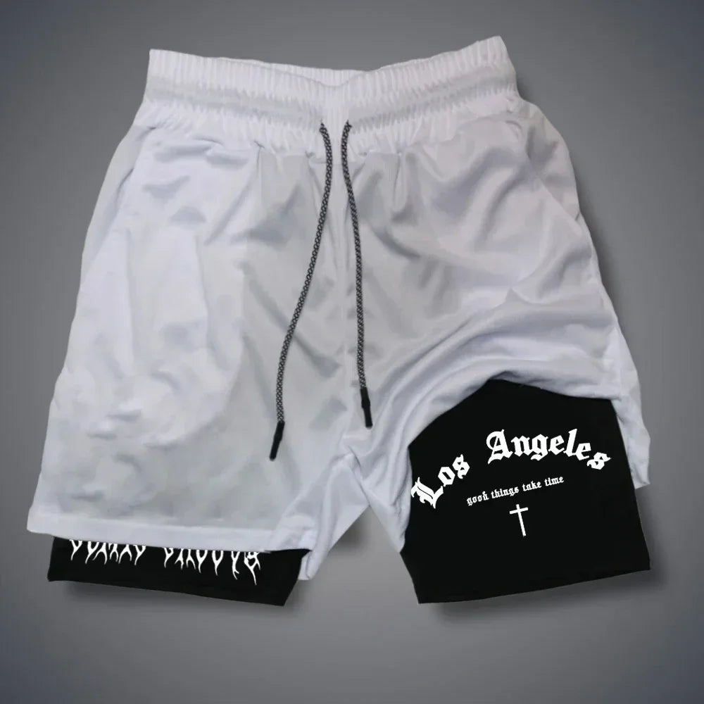 Men 2 in 1 Sports Shorts Gothic Pattern Short Pants Fitness Running Pant Sportswear Casual Shorts Summer Drawstring Jogging Pant