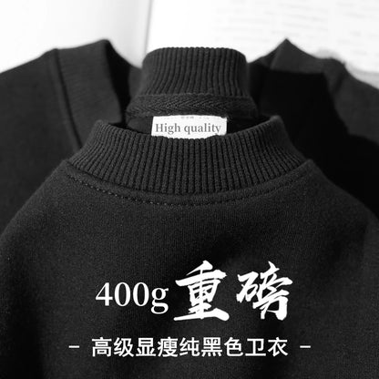Navy Blue 500g Heavy Round Neck Sweater Men's Autumn and Winter Velvet Thickened Pullover Couple Loose American Top Women