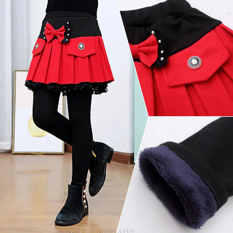 Children Winter Warm Leggings with Skirt For Girls Insulated SKinny Pants-Skirt With Bow Skirtpants Kids Baby Culottes Pants