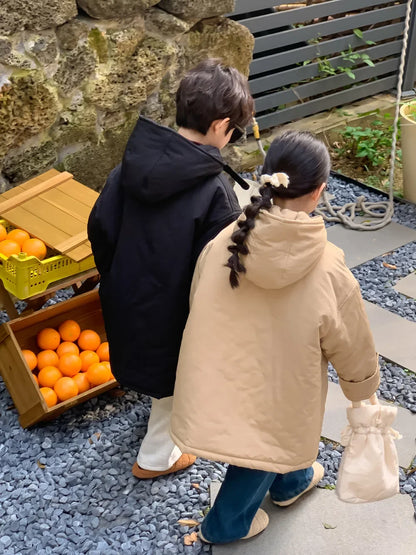 Winter Korean Children Boy Parkas Cotton Padded Thicken Hooded Toddler Boy Snowwear Coat Casual Solid Horn Button Kid Boy Jacket