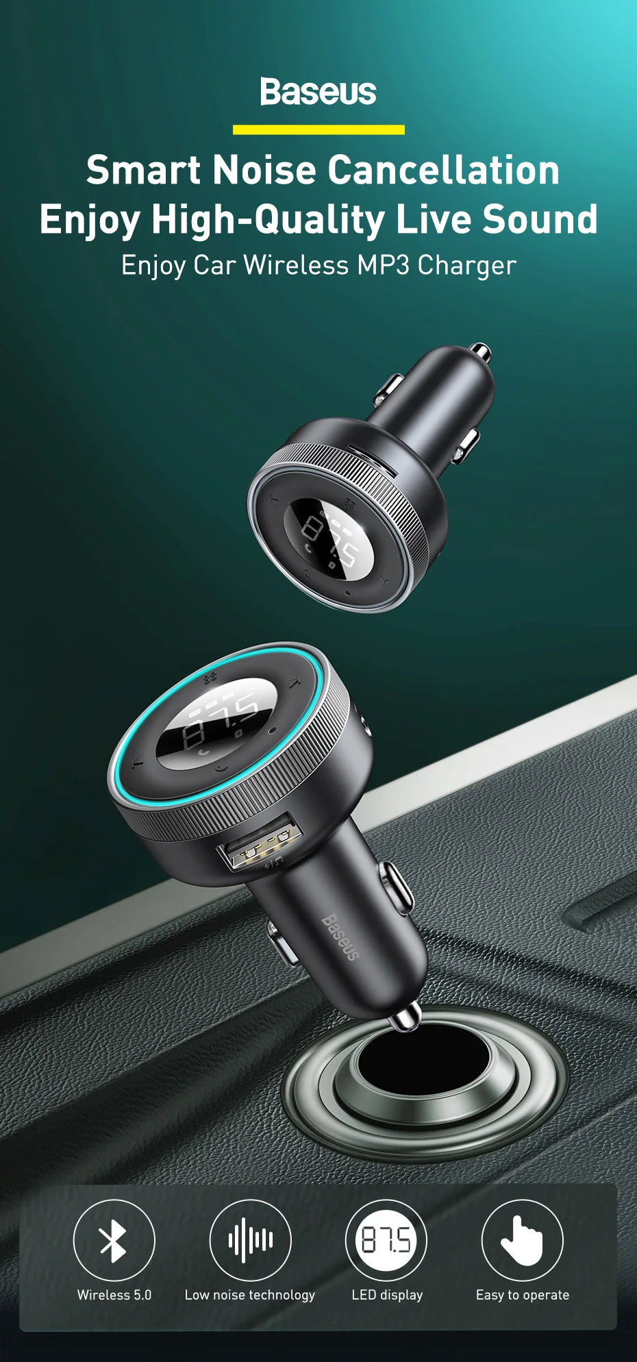 Baseus FM Transmitter Car Wireless Bluetooth 5.0 FM Aux Radio Modulator USB Fast Charger Auto HandsFree Audio MP3 Player Car Kit