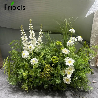 Green Plants Leaf Rose Flower Row Wedding Silk Table Floral Commercial Plaza Partition Hotel Scene Layout Floor Flowers Decor
