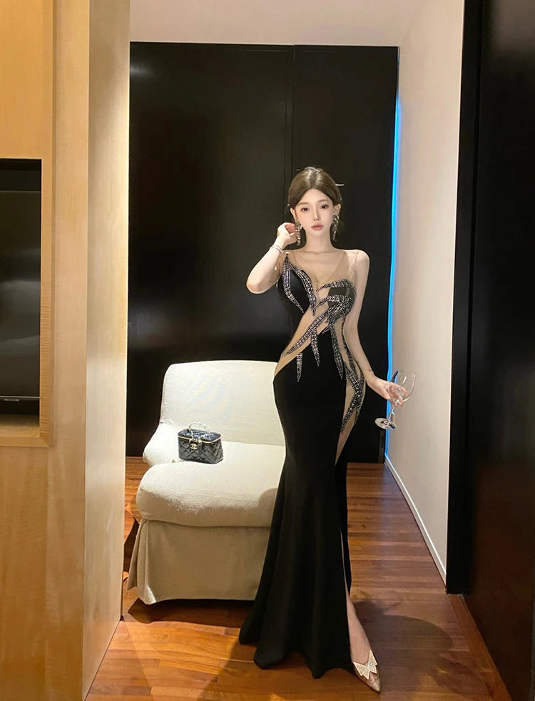European and American style women exposed legs high fork slimming dress long skirt High end temperament socialite dress