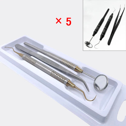 Dental Tools Set 5pc Stainless Steel Mouth Mirror Tweezers Curve Probe for Professional Teeth Cleaning Durable