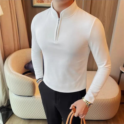 Men's Half Zipper Long Sleeved T-shirt Autumn Winter New Pure Color Thicken Slim Fit Elastic Fashionable Versatile T-Shirt