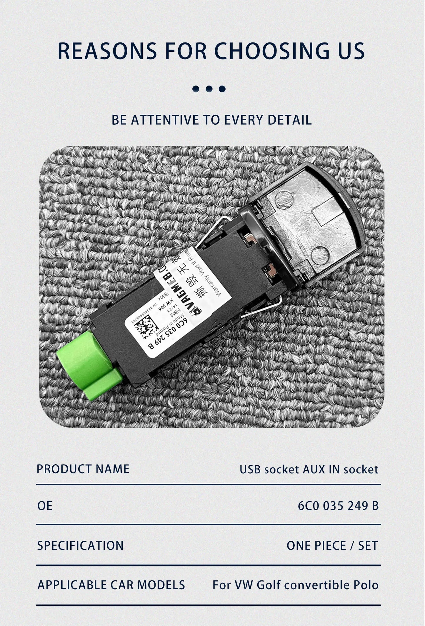 USB socket AUX IN socket for VW Golf convertible Polo/Derby/Vento IND Sharan Multivan Scirocco Alhambra 6C0 035 249 B 6C0035249B