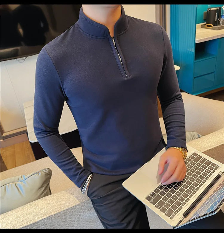 Men's Half Zipper Long Sleeved T-shirt Autumn Winter New Pure Color Thicken Slim Fit Elastic Fashionable Versatile T-Shirt