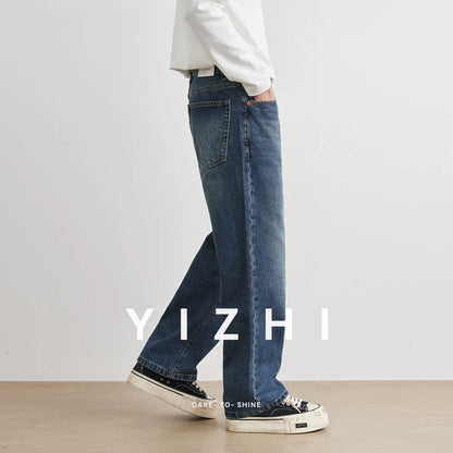Blue Washed American Style Men's Jeans Straight Leg Loose Wide Leg Pants Retro Trendy Brand Casual Wear All Seasons Size Plus