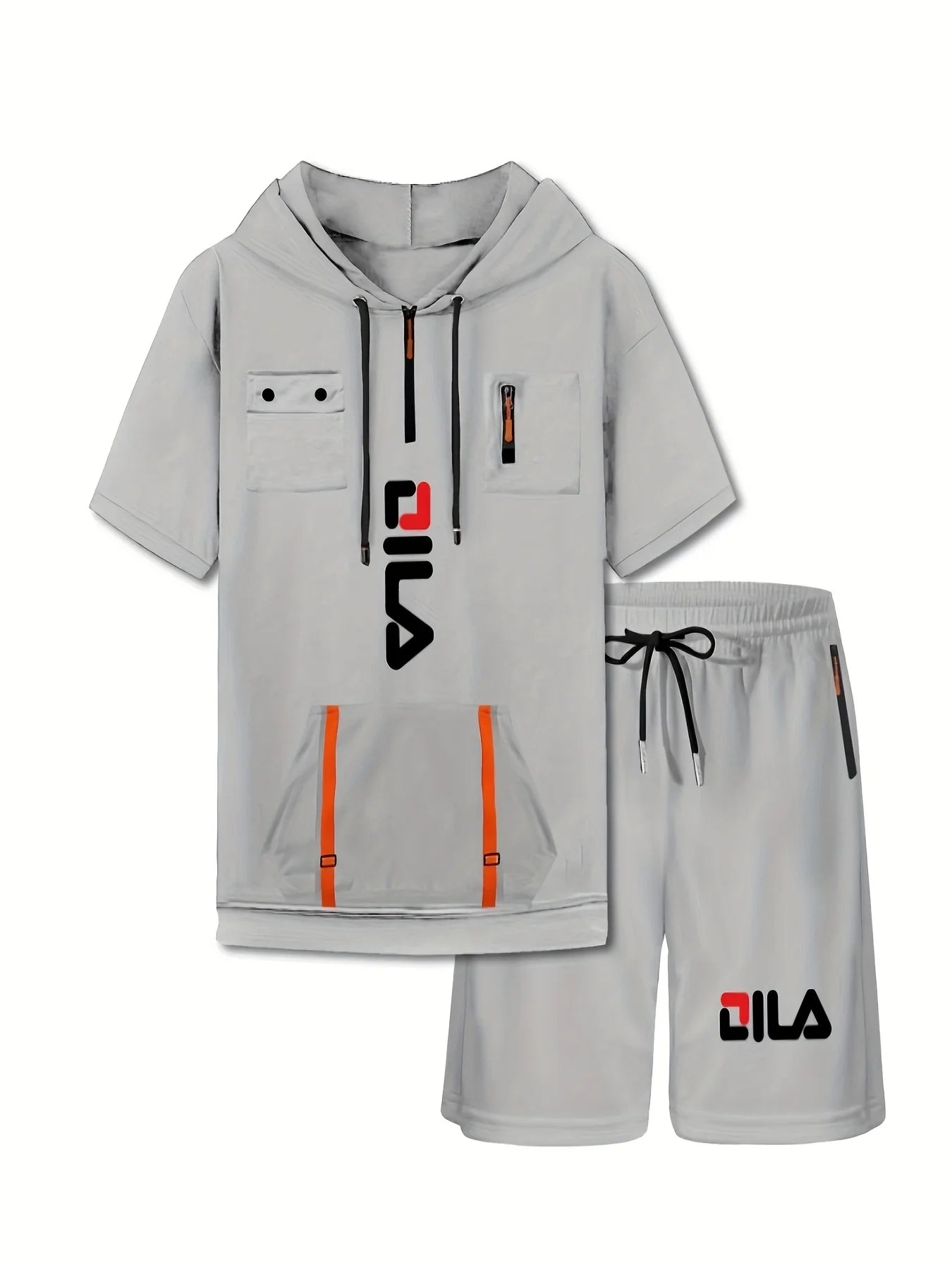 Summer Print Men's 2-piece Set Hooded Streamer Pocket Short Sleeve and Trouble Shorts Comfortable Loose T-Shirt Short Sleeve Set